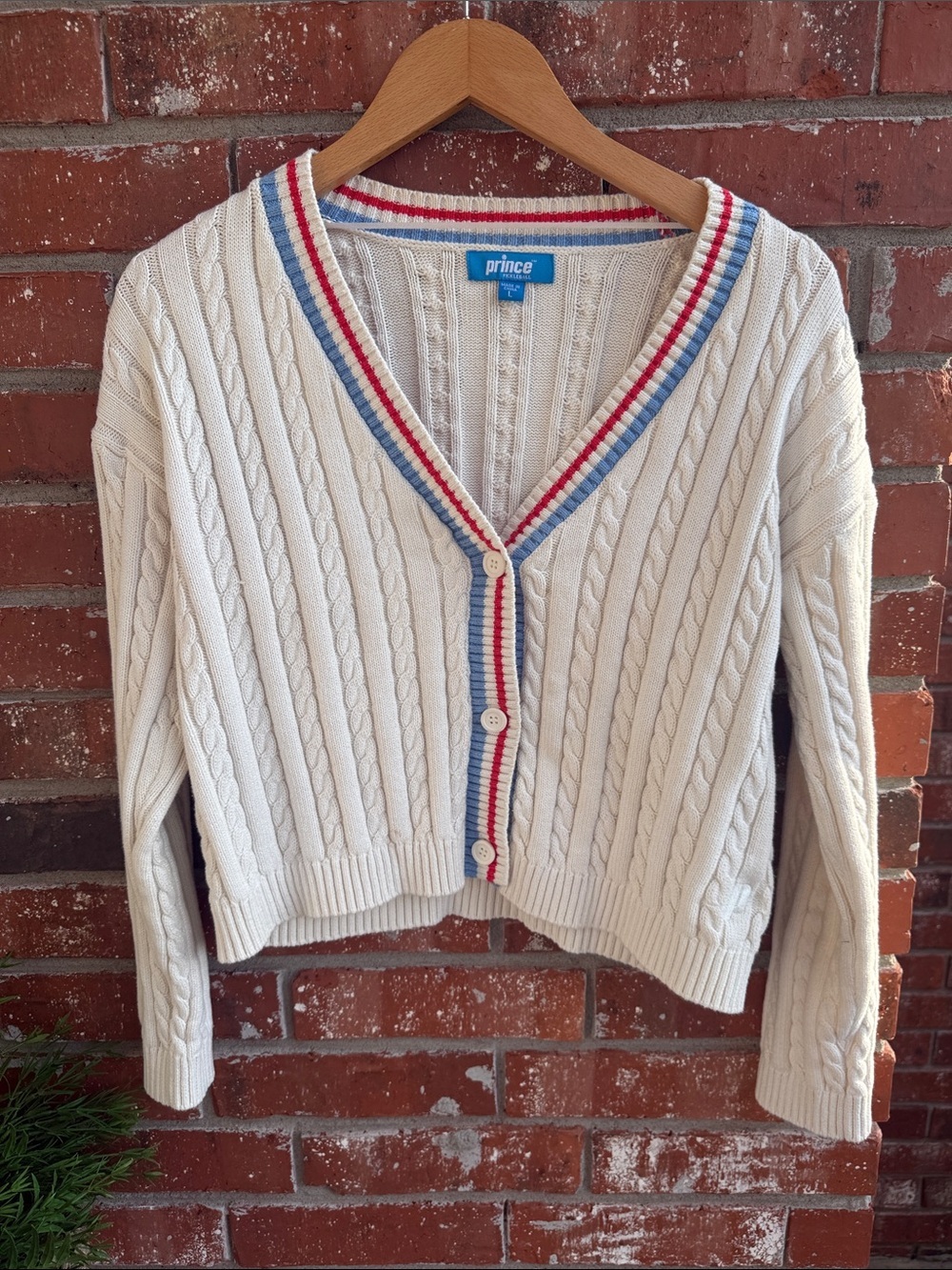 Prince Cream Cable Knit Cardigan with Red and Blue Accents